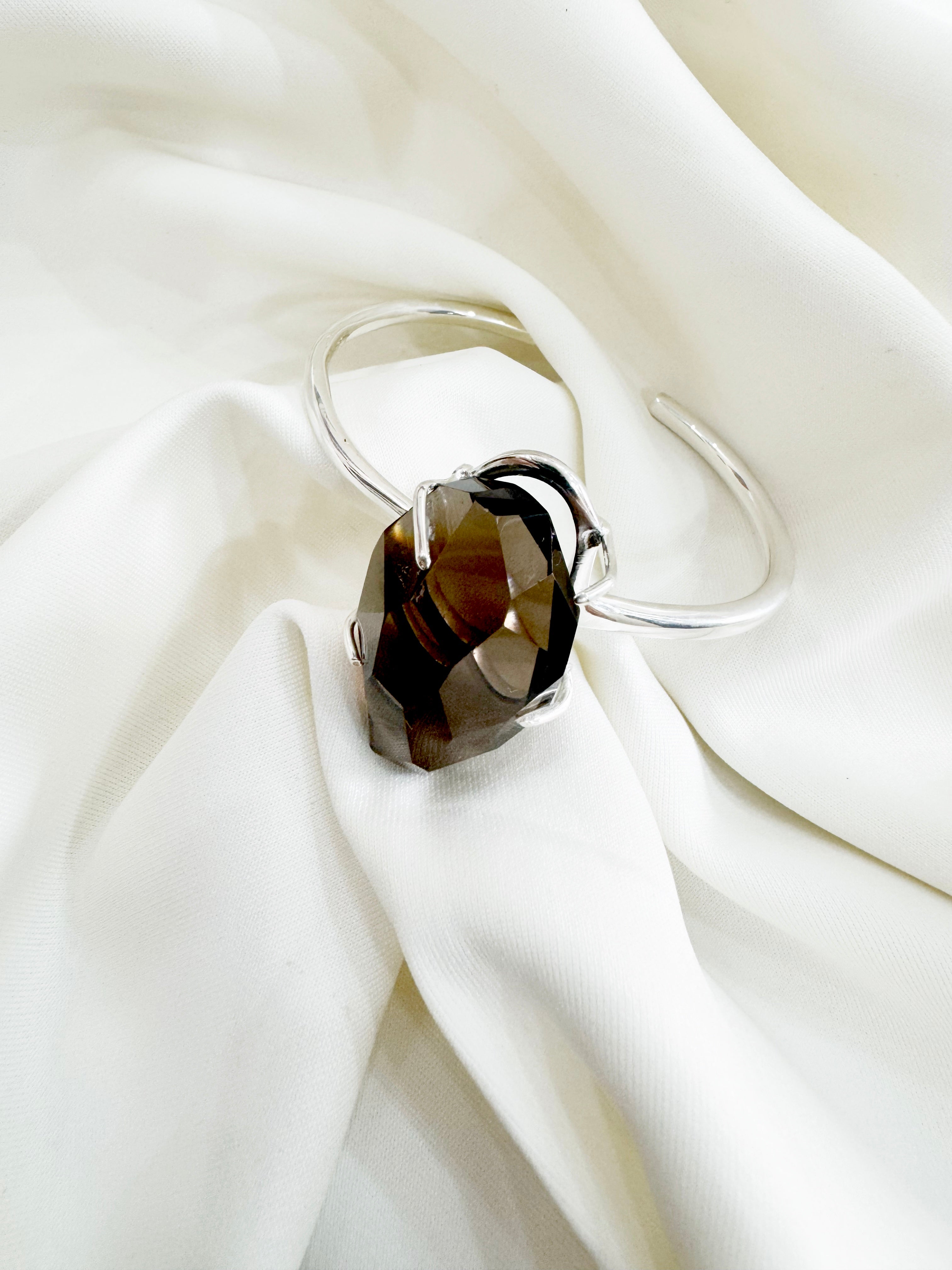 92.5 Silver Open Bracelet Cuff - Smoky Quartz
