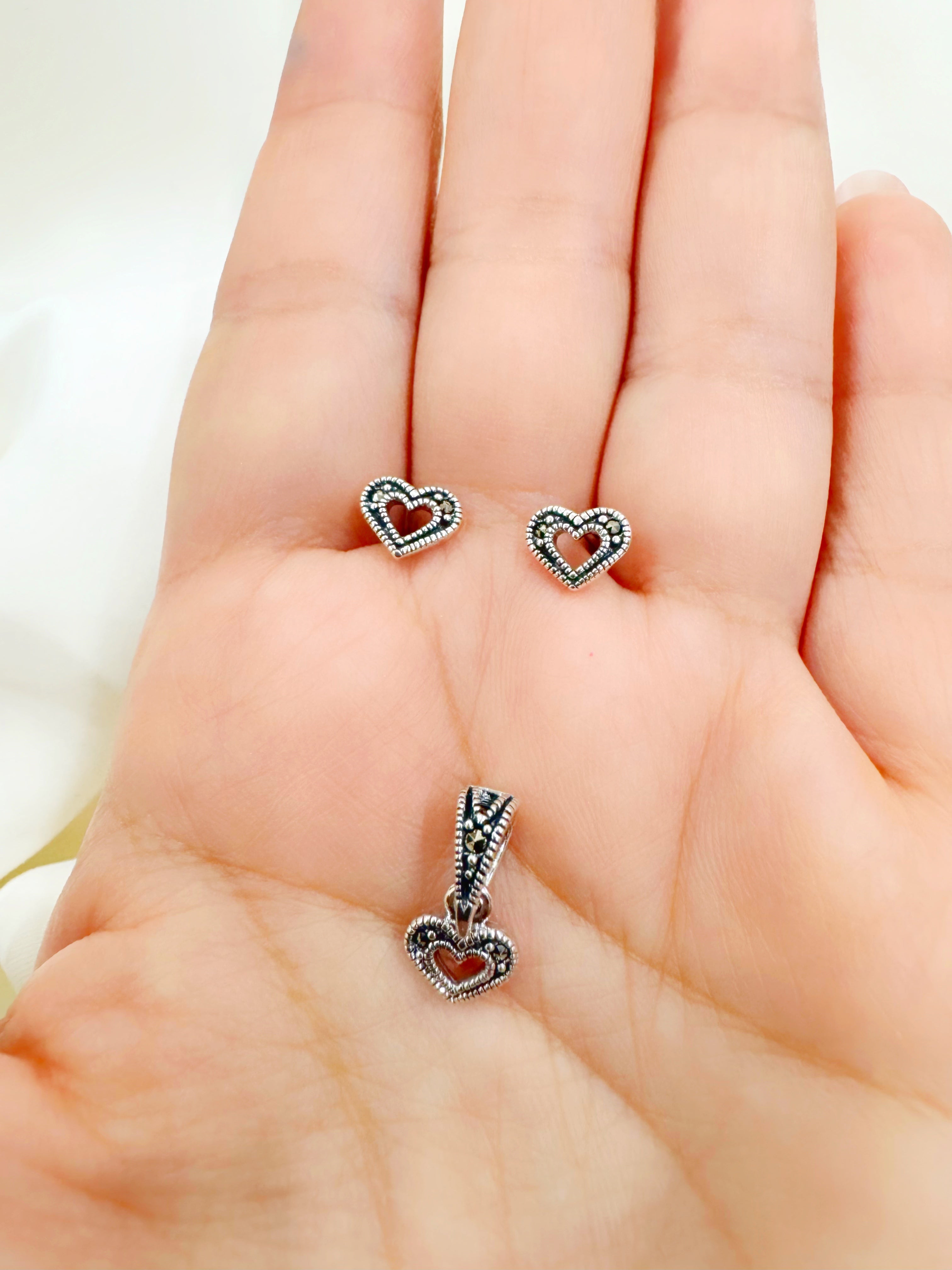 Vintage Heart Marcasite 92.5 Silver Earrings & Pendant Set