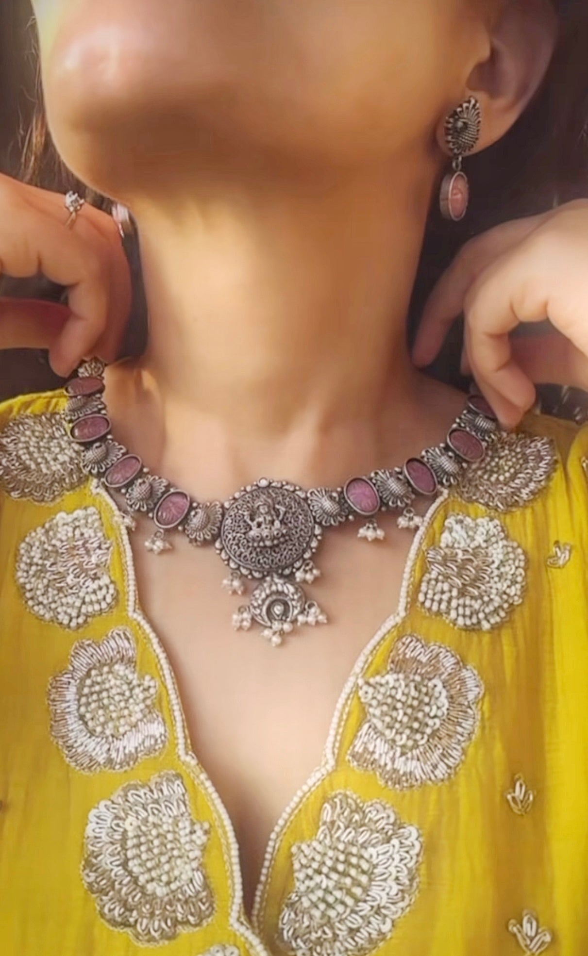 Antique 92.5 Silver Goddess Temple Necklace Set