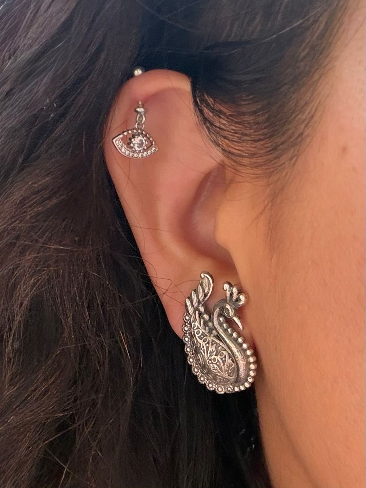 Morni - Peacock Statement Studs 92.5 Silver Earrings - Handcrafted (2.8 Cms)