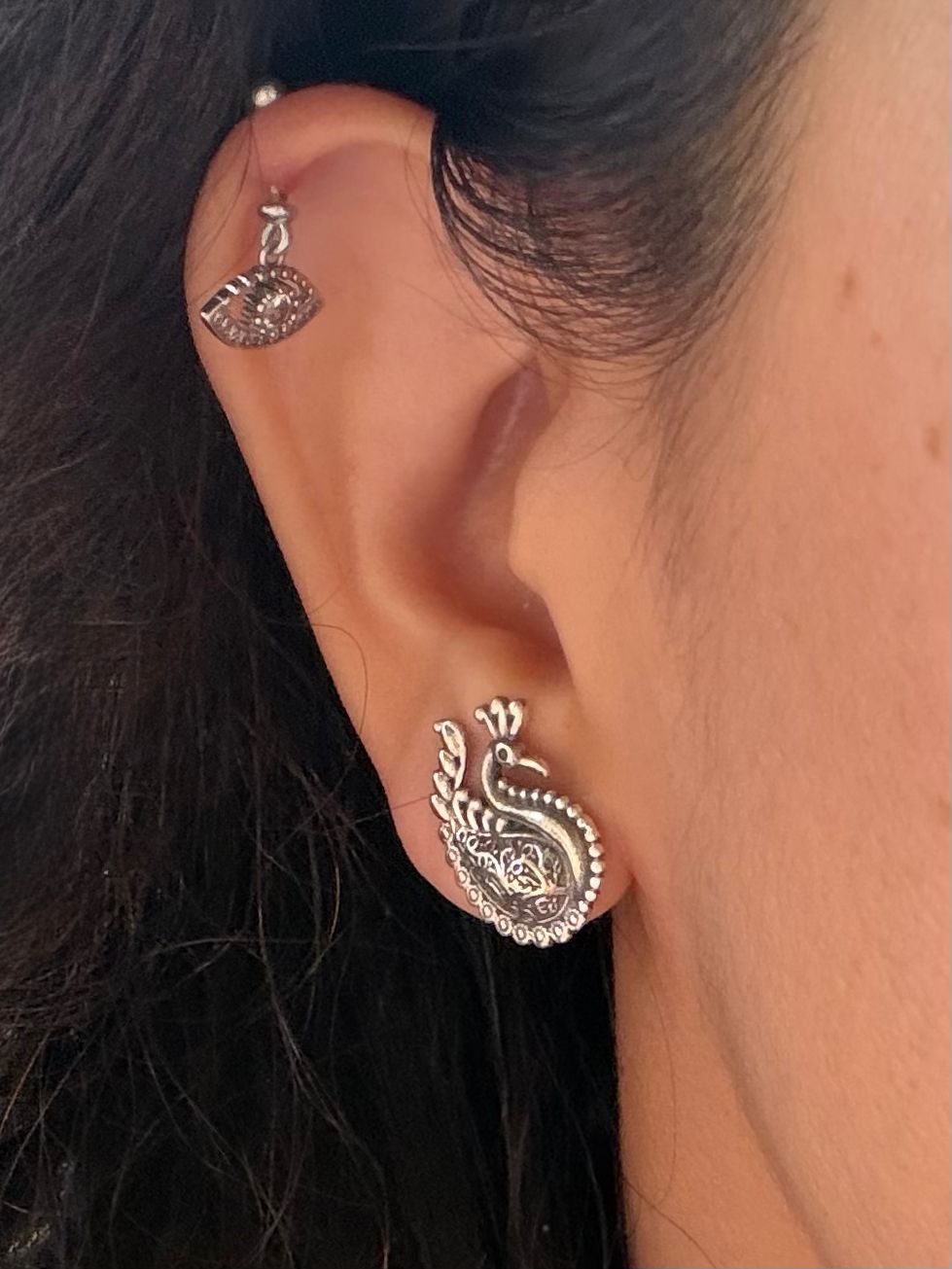 Morni - Peacock Petite Studs 92.5 Silver Earrings - Handcrafted (2 Cms)