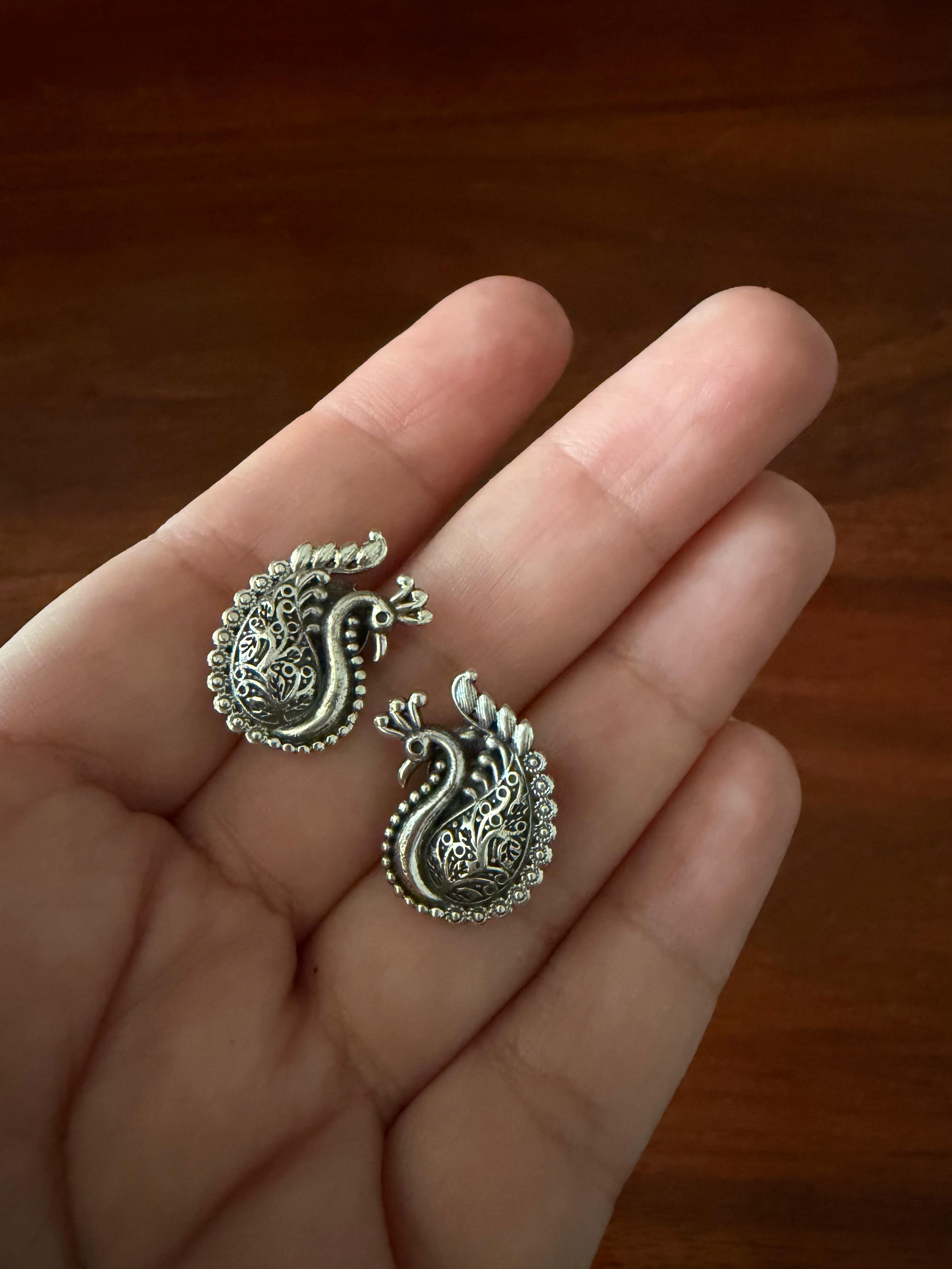 Morni - Peacock Petite Studs 92.5 Silver Earrings - Handcrafted (2 Cms)
