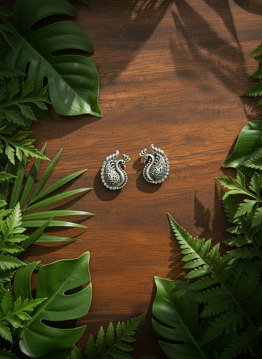 Morni - Peacock Petite Studs 92.5 Silver Earrings - Handcrafted (2 Cms)