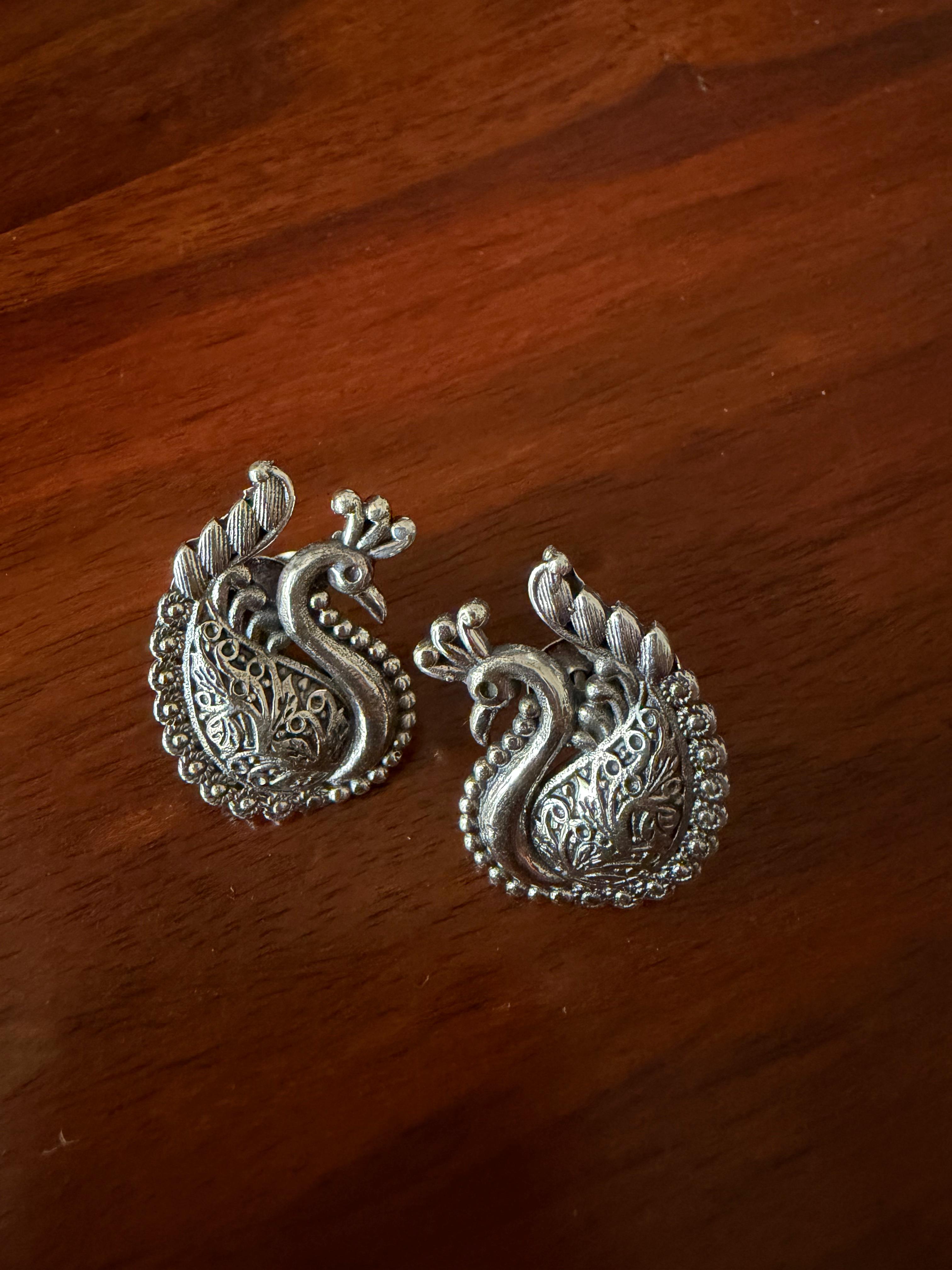 Morni - Peacock Statement Studs 92.5 Silver Earrings - Handcrafted (2.8 Cms)