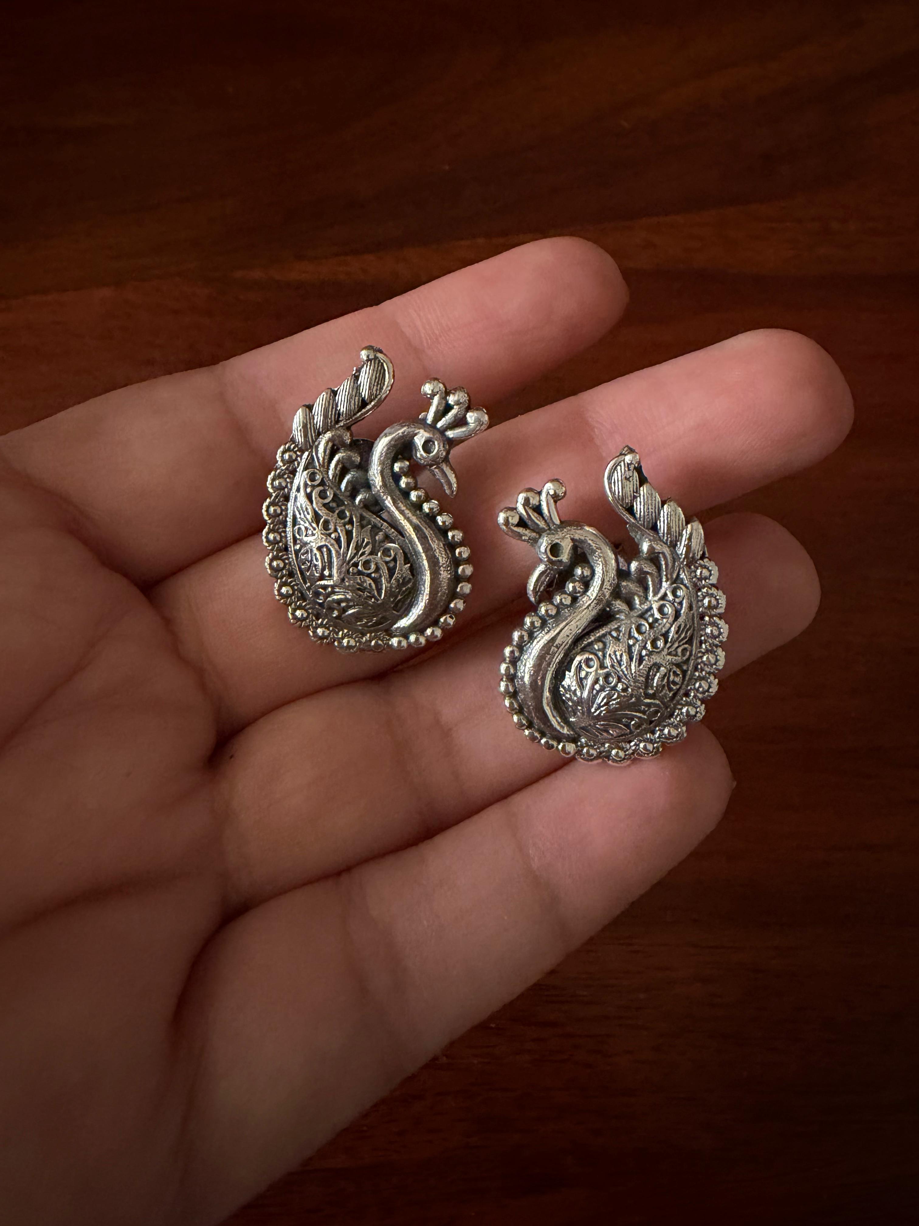 Morni - Peacock Statement Studs 92.5 Silver Earrings - Handcrafted (2.8 Cms)