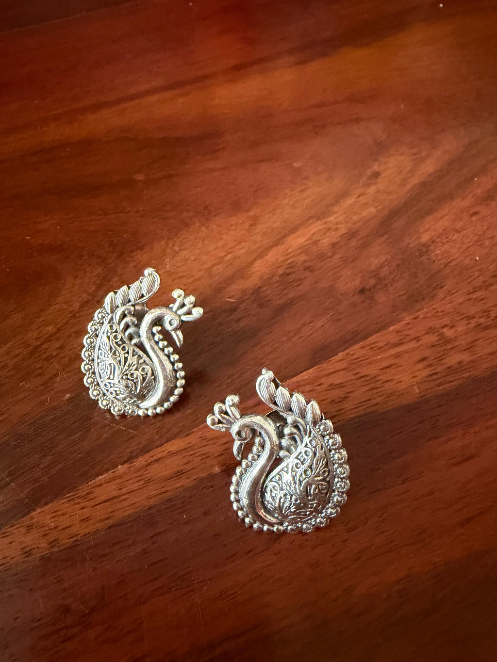 Morni - Peacock Statement Studs 92.5 Silver Earrings - Handcrafted (2.8 Cms)