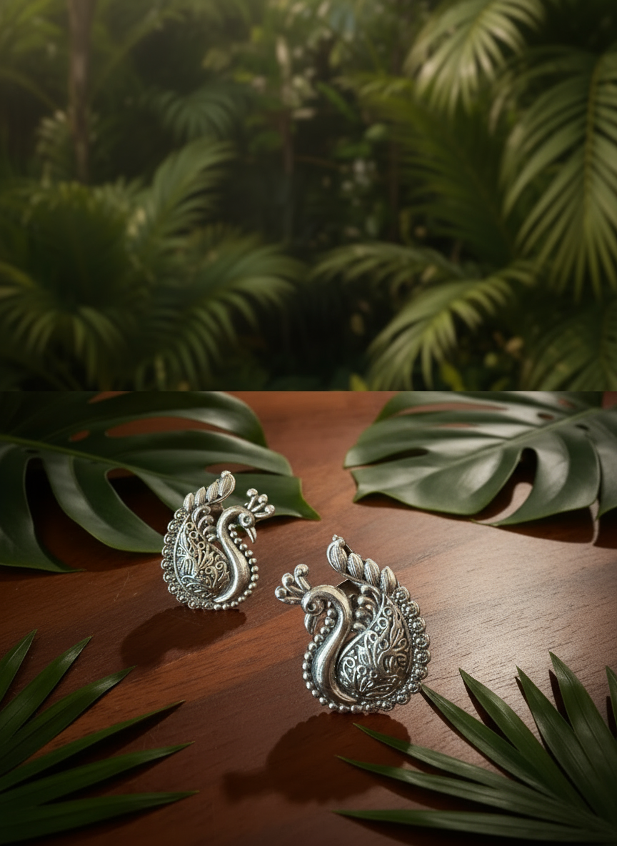 Morni - Peacock Statement Studs 92.5 Silver Earrings - Handcrafted (2.8 Cms)