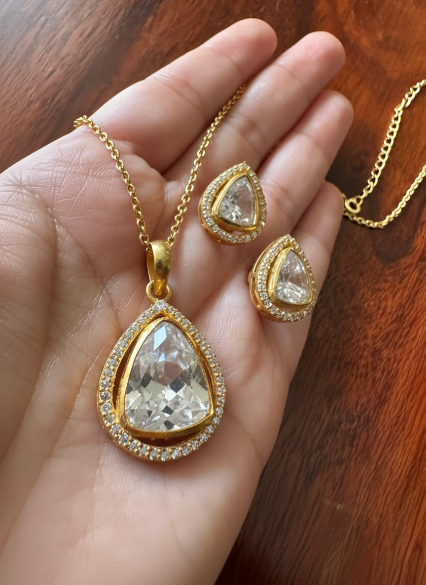 Teardrop - Gold Plated 92.5 Silver Moissonite Necklace Set - Handcrafted