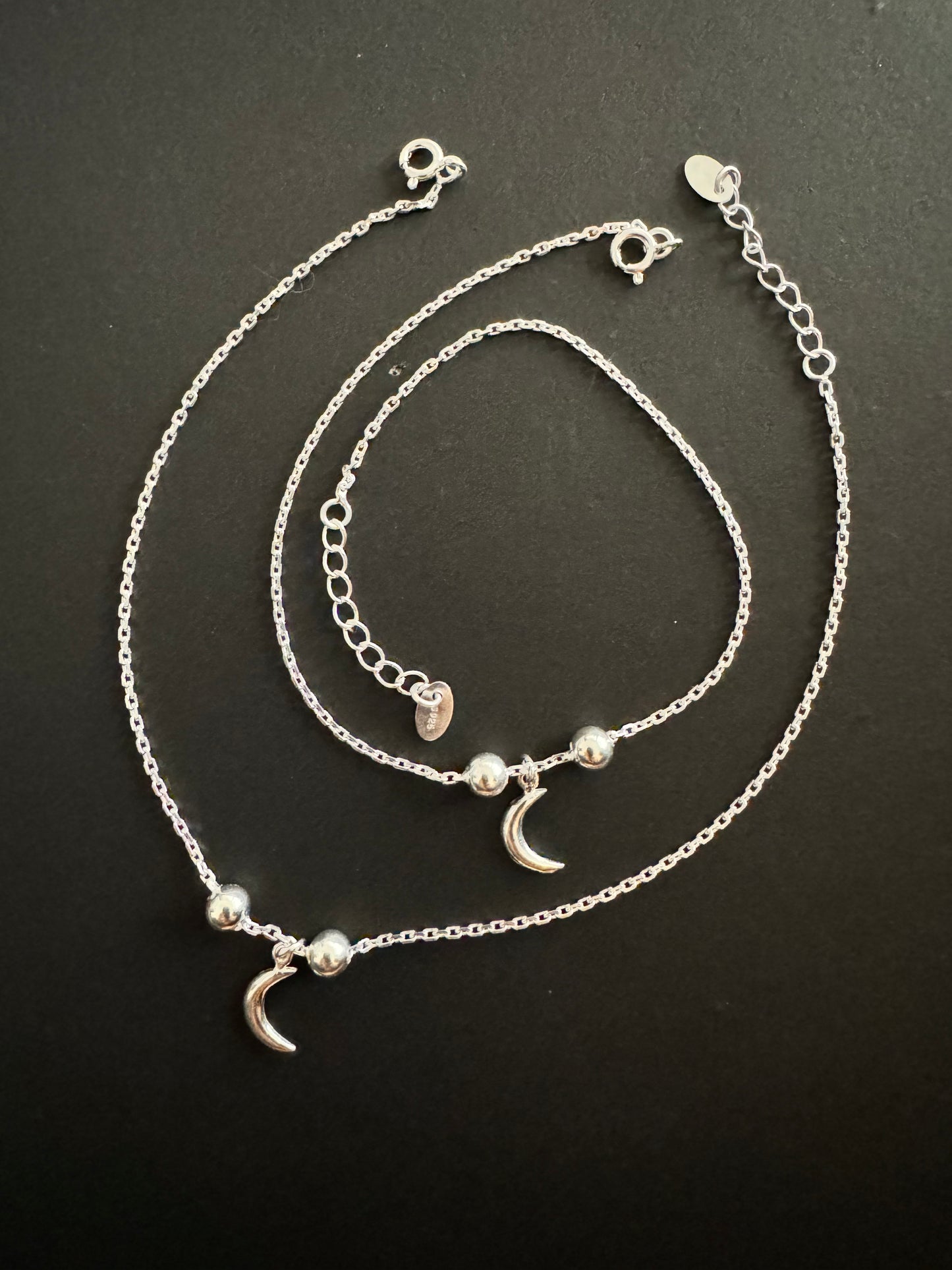 Pair of Silver Anklets with Moon Charm