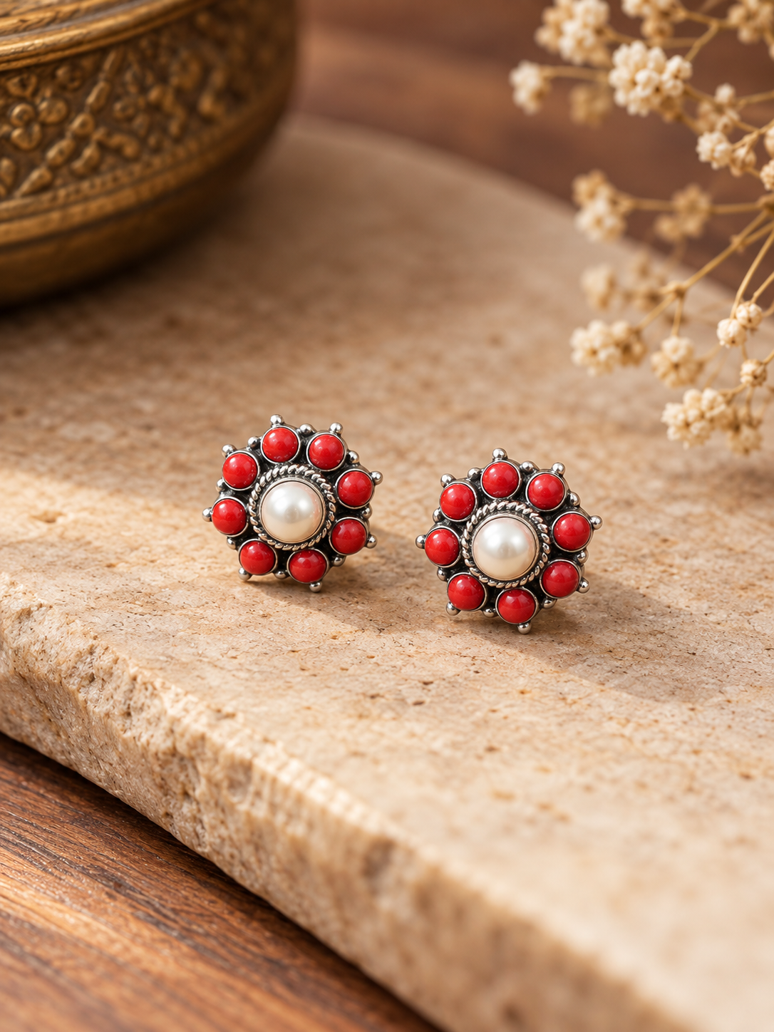 Silver 925 Red White Round Earrings