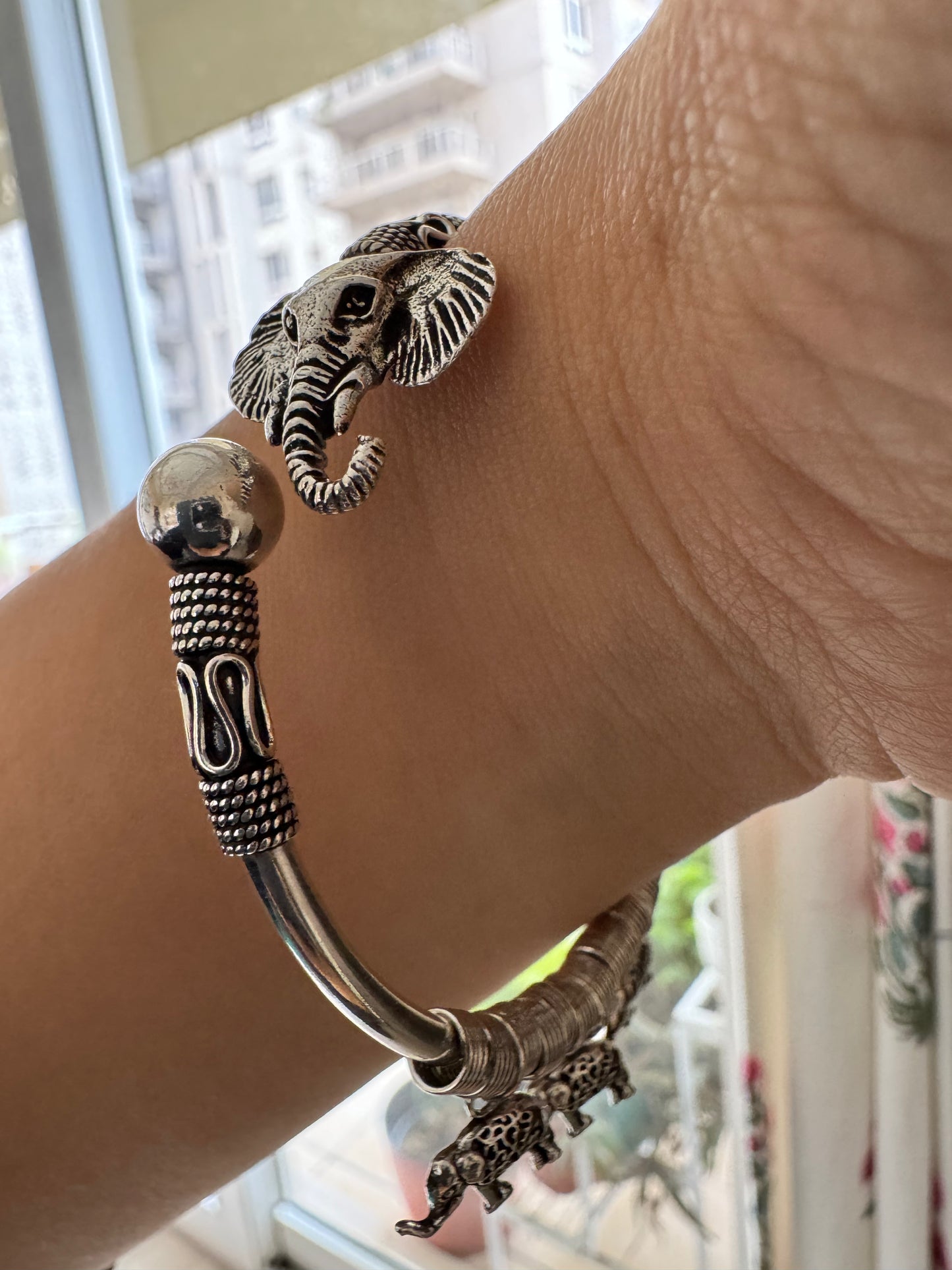 Antique Silver Elephant Bracelet with Charms