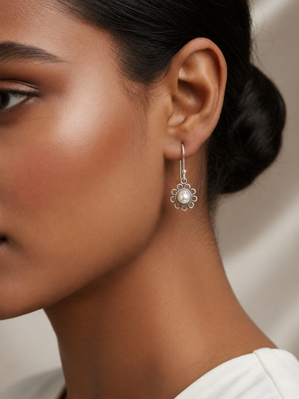 925 Silver Pearl Phool Drops Earrings- Handcrafted