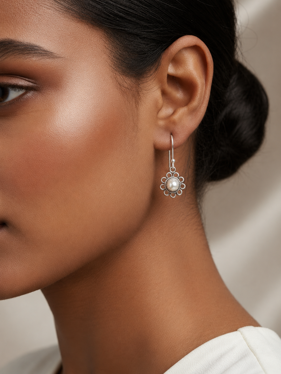 925 Silver Pearl Phool Drops Earrings- Handcrafted