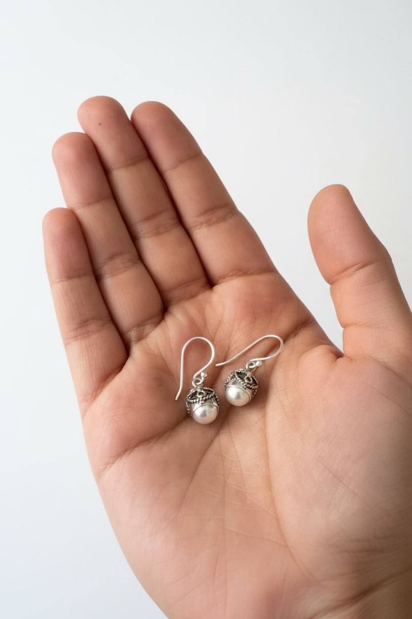 925 Silver White Pearl Classic Mini Hanging Earrings