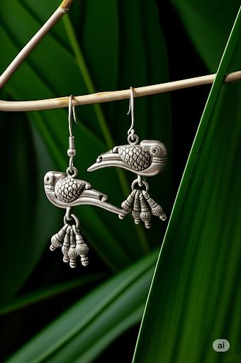 Silver bird-shaped earrings on a green leaf background