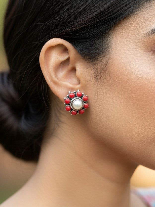 Silver 925 Red Turquoise Round Earrings