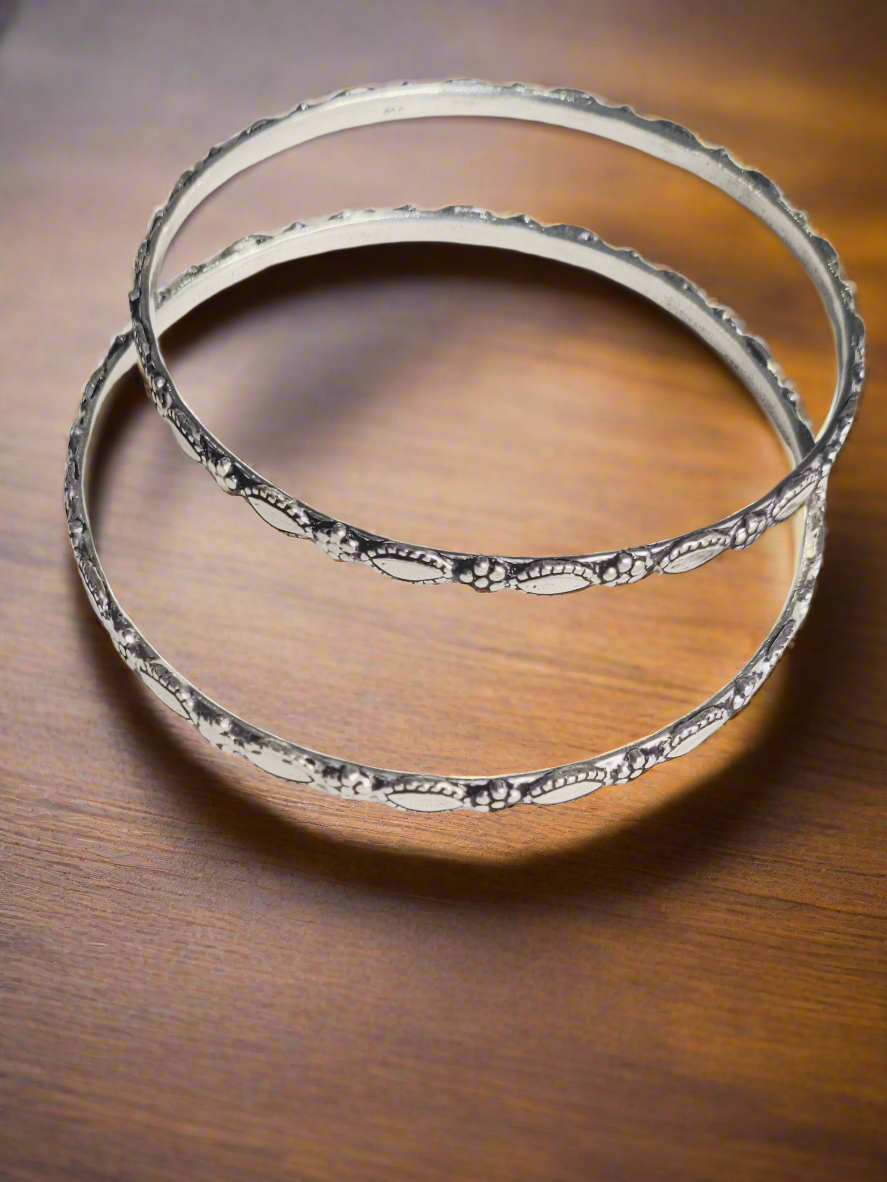 Antique Floral 92.5 Silver Bangles - Pair