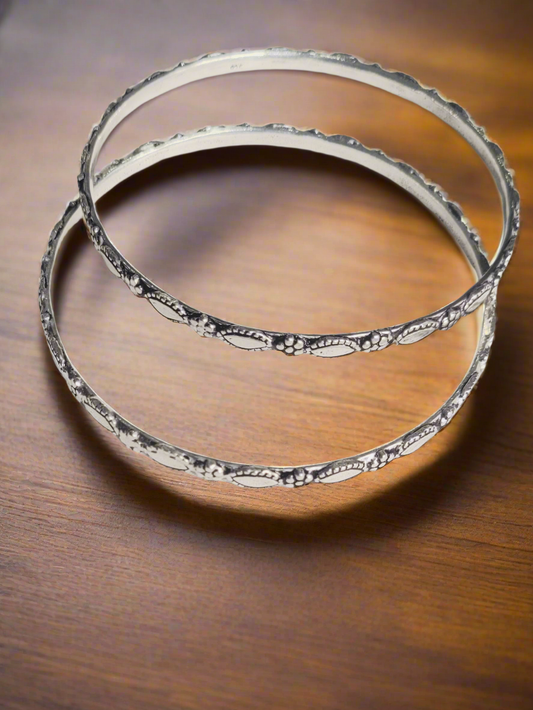 Antique Floral 92.5 Silver Bangles - Pair
