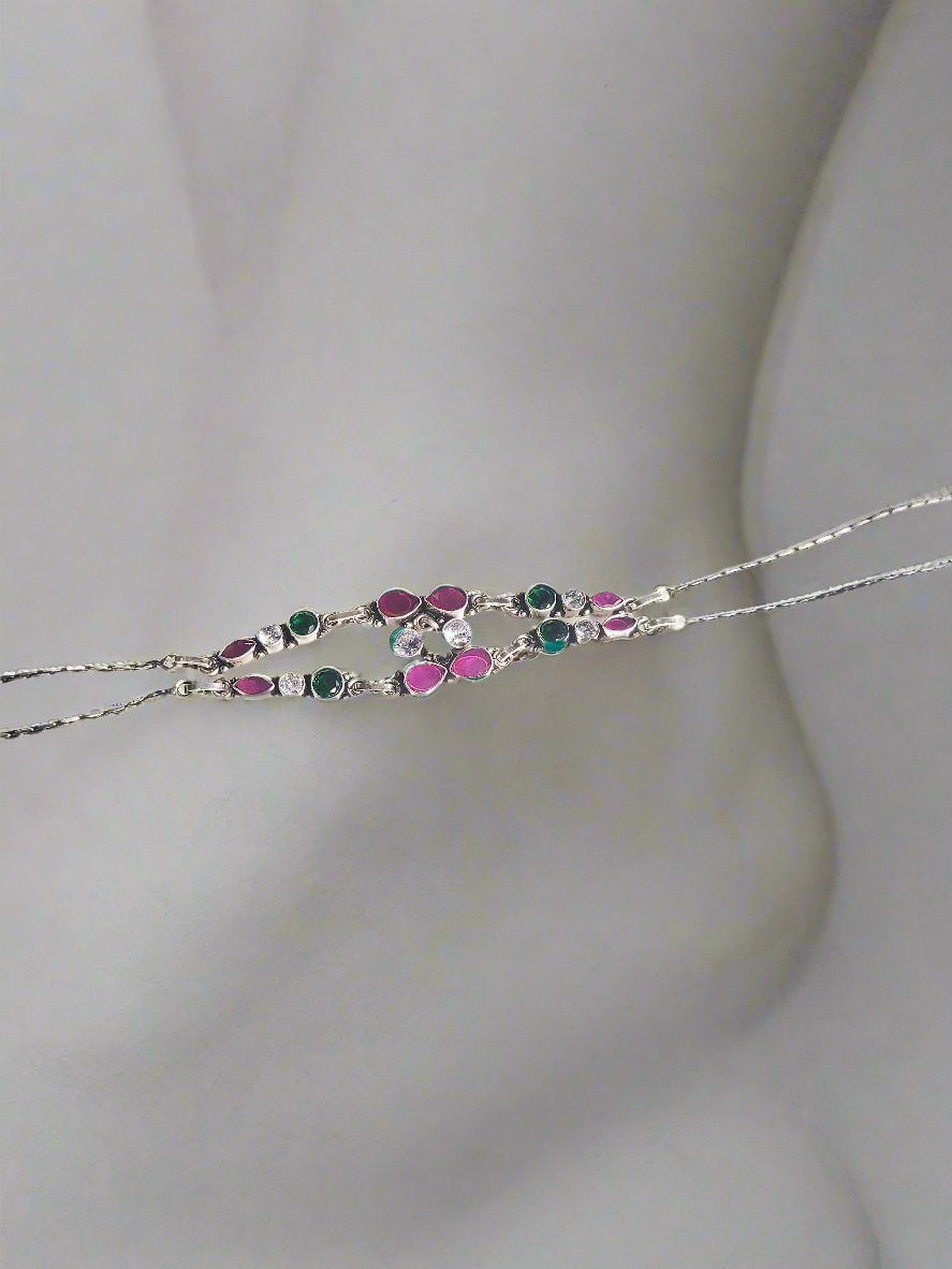 Multi Stone Charm Anklets 92.5 Silver - Pair