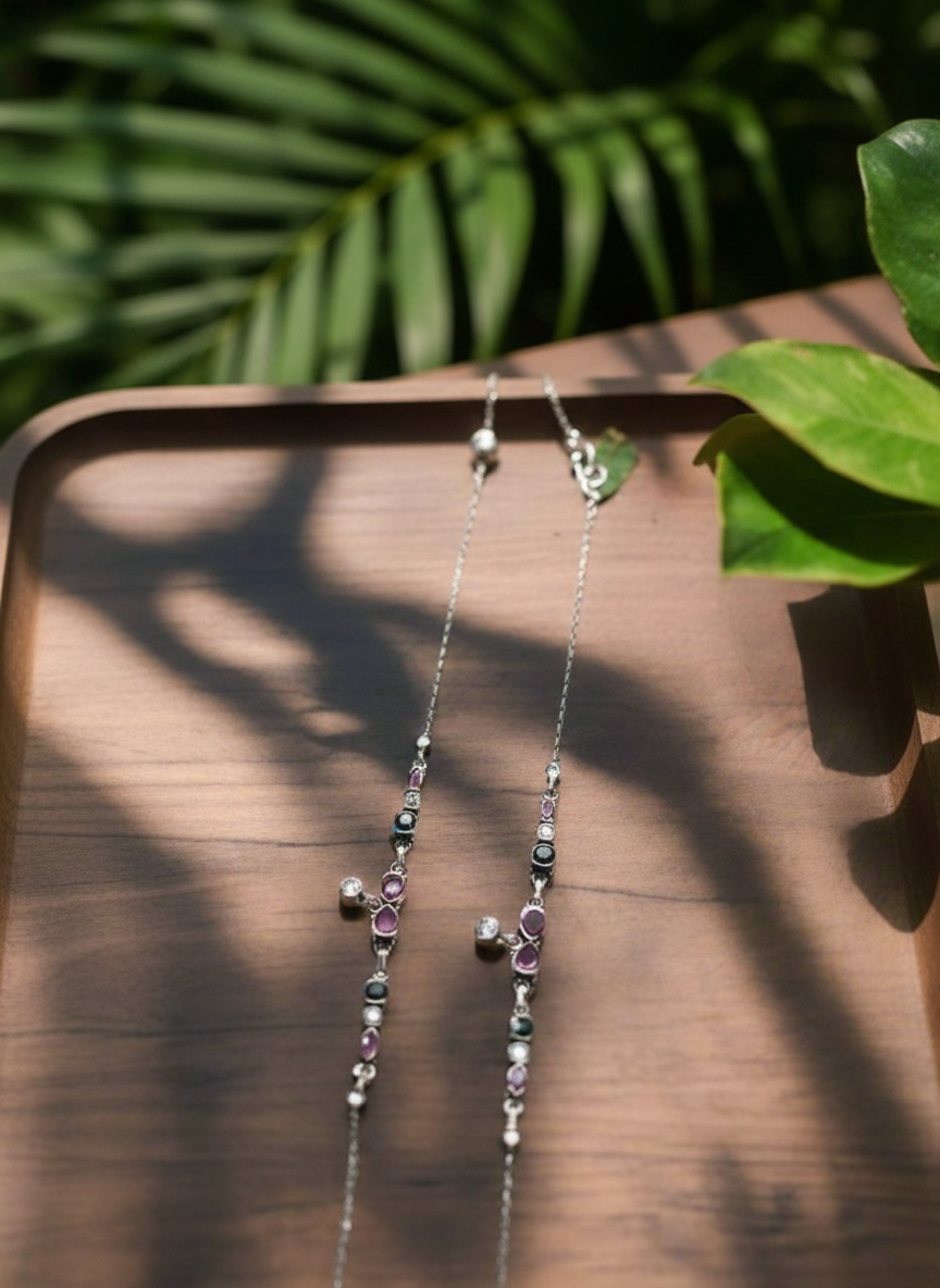 Multi Stone Charm Anklets 92.5 Silver - Pair