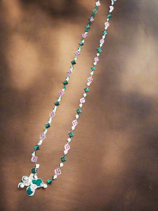 92.5 Silver Floral Charm Anklets With Green And Pink Stones - Pair