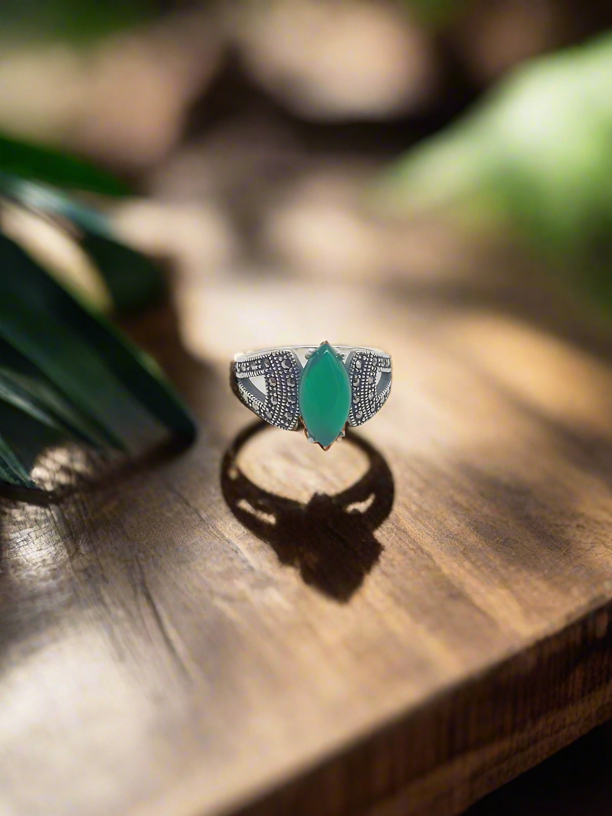 Marcasite Oval Green 92.5 Silver Ring