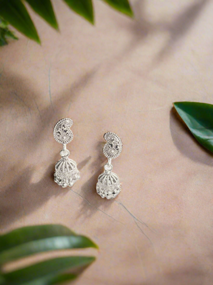 Paisley Charm Jhumkas 92.5 Silver Floral Jhumkis