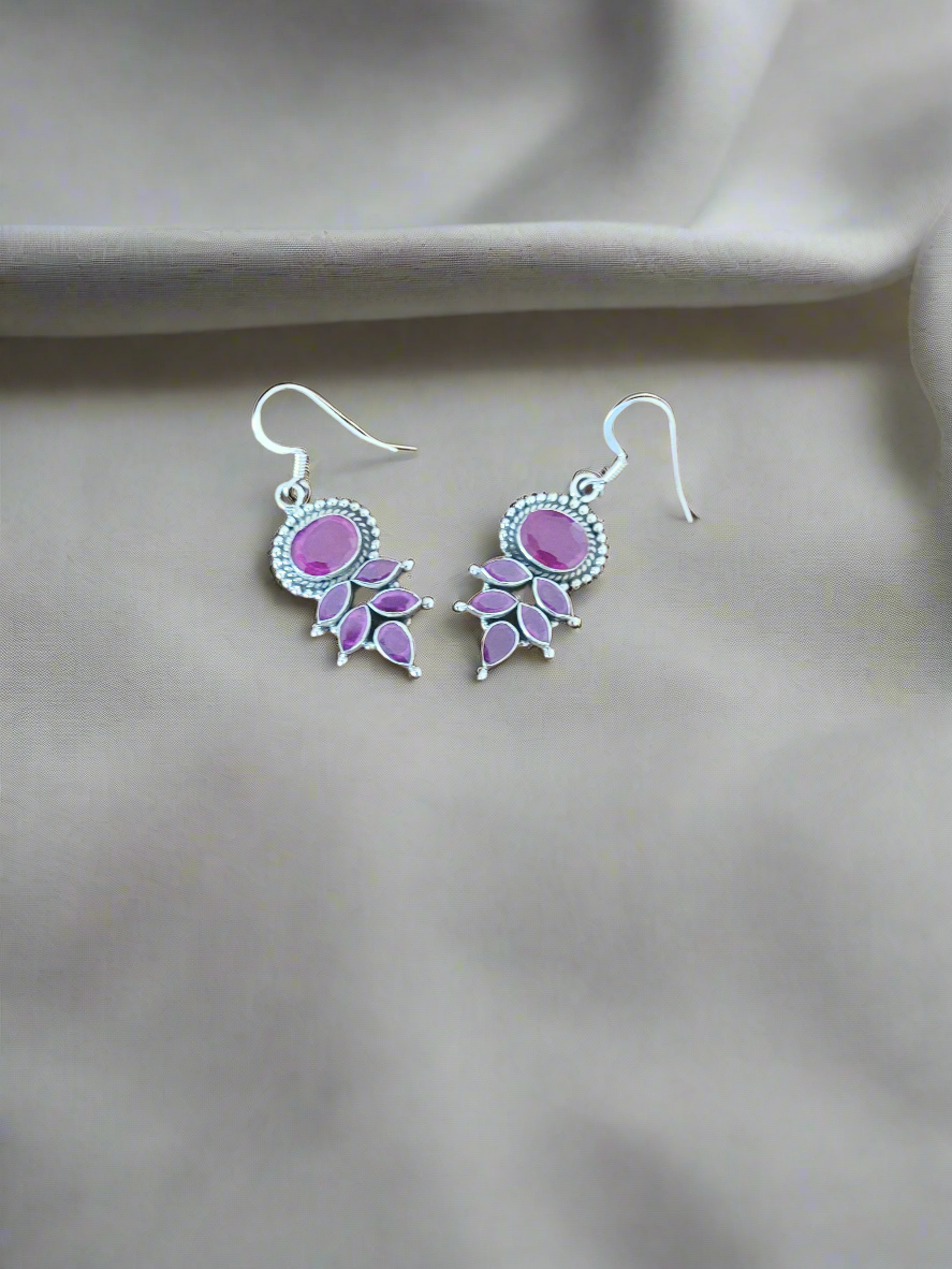 92.5 Silver Pink Green Hanging Earrings