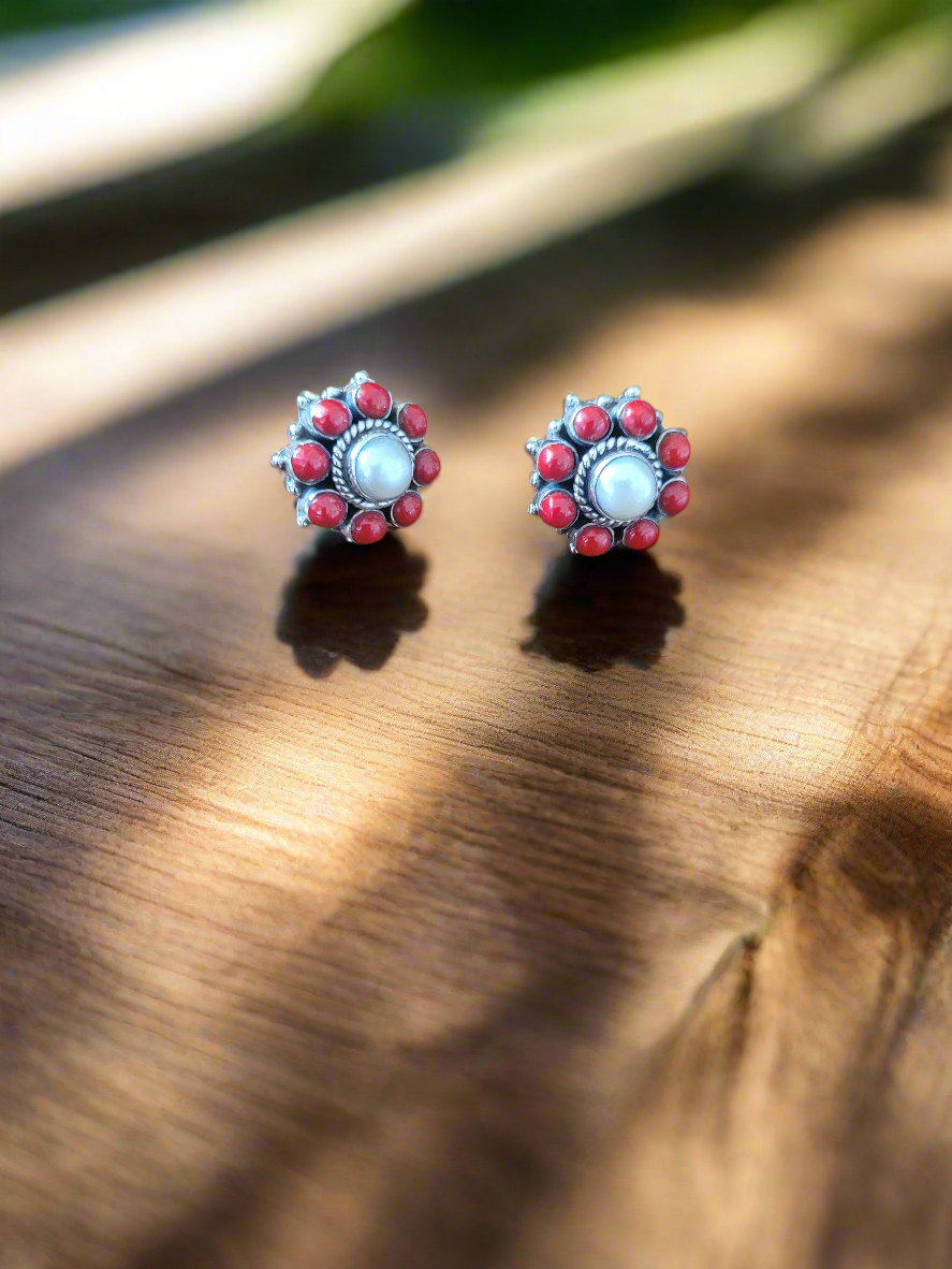 Silver 92.5 Red Turquoise Round Earrings