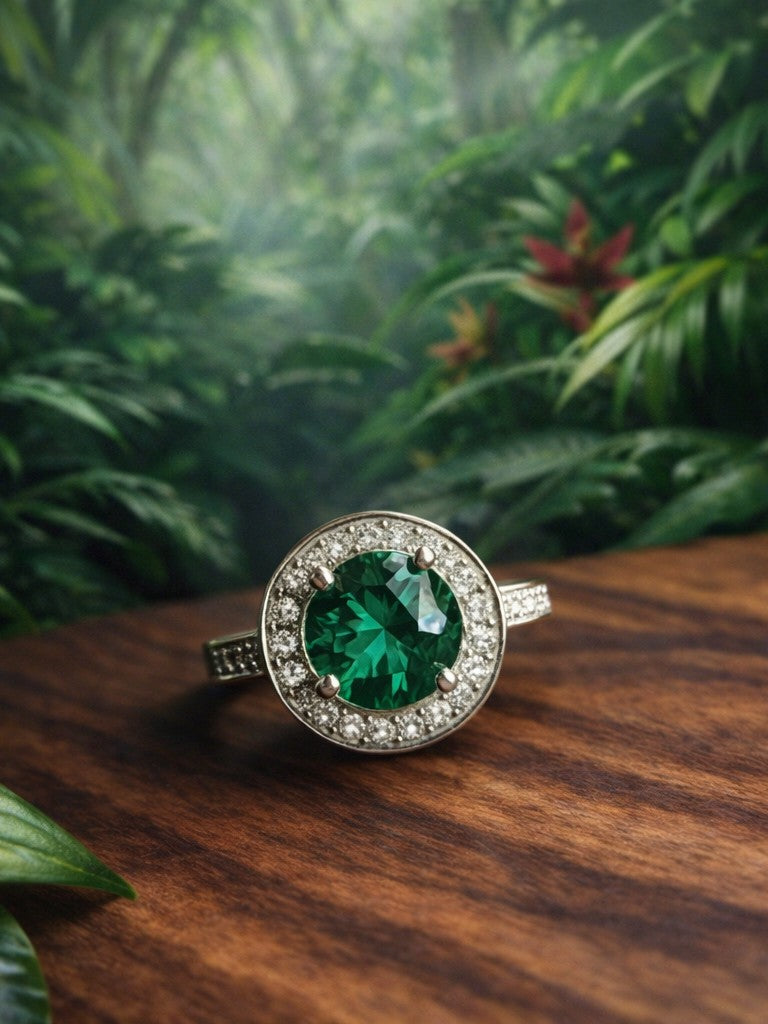 925 Silver Ring With Green Round Stone (Adjustable Size)