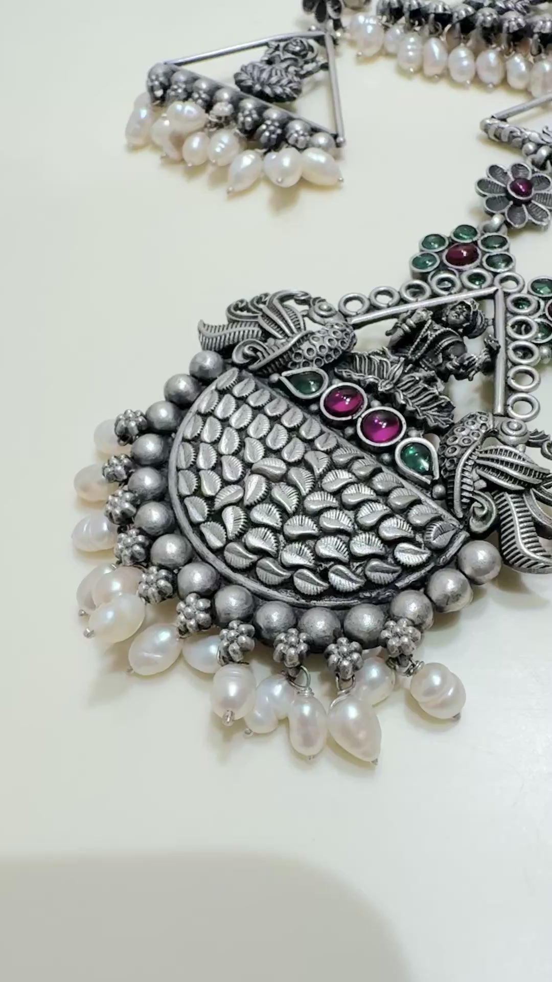 92.5 Antique Silver Saraswati Temple Necklace Set