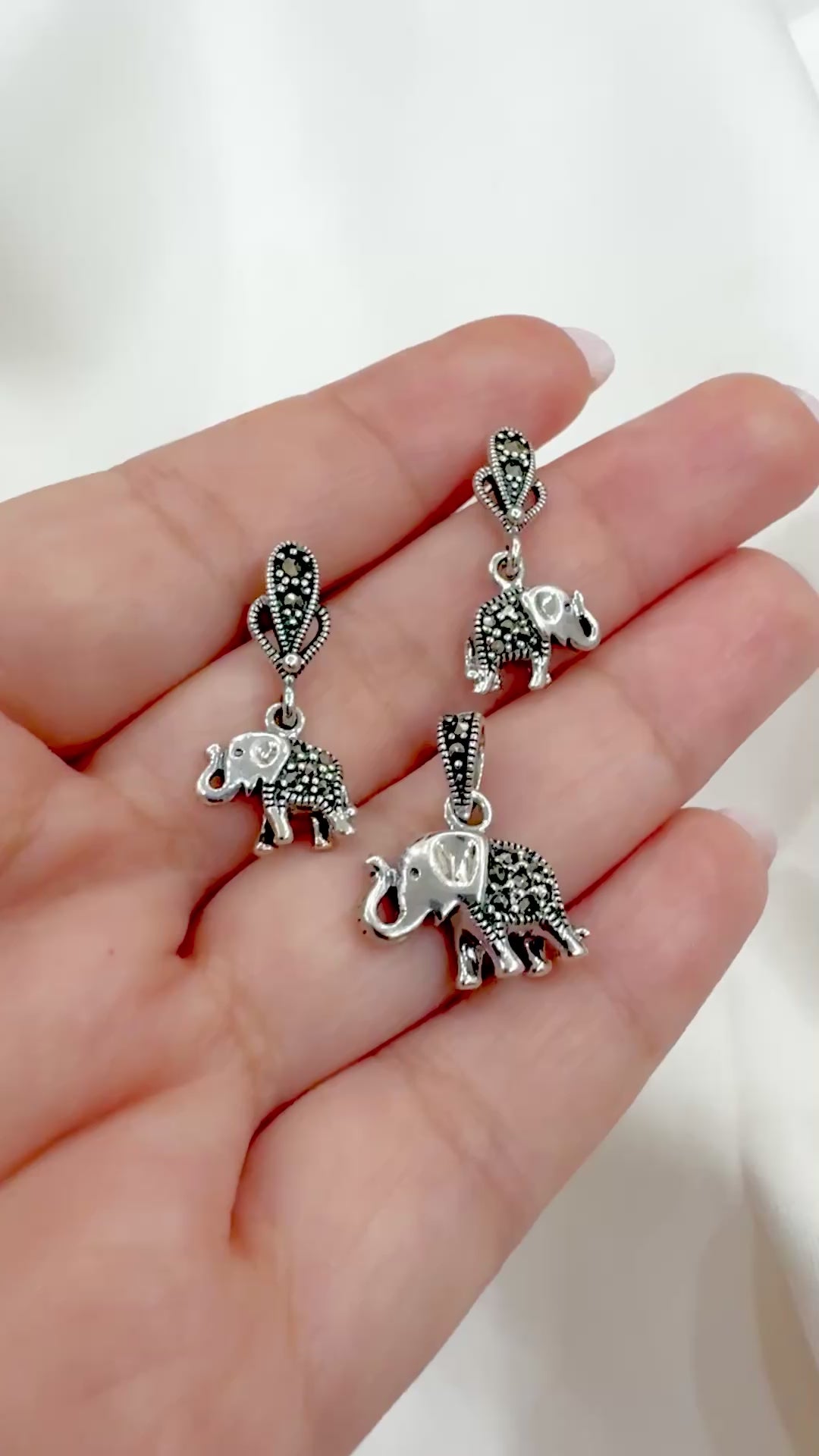Gajshree – Marcasite 92.5 Silver Elephant Earrings & Pendant Set