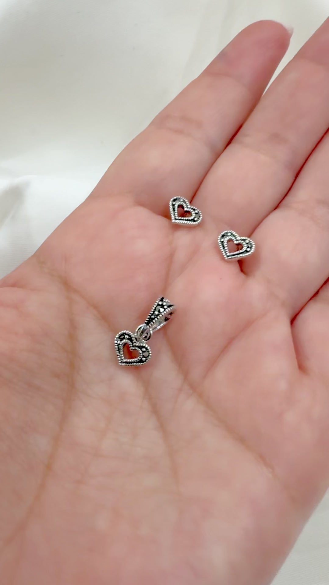Vintage Heart Marcasite 92.5 Silver Earrings & Pendant Set