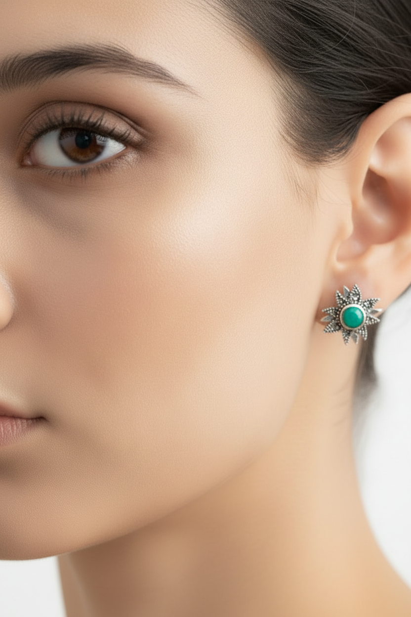 Green Aura Floral 92.5 Silver Marcasite Stud Earrings