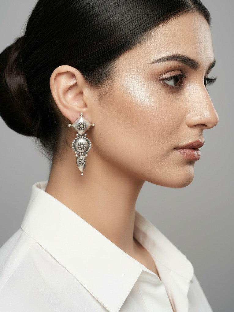 Banjara Boho 925 Silver Geometric Drop Earrings