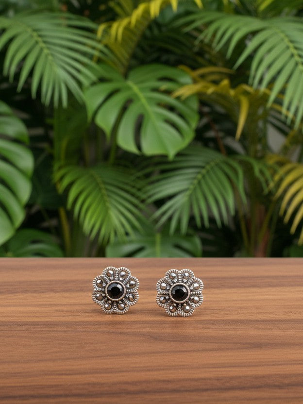 Flowery Black Onyx 92.5 Silver Marcasite Stud Earrings