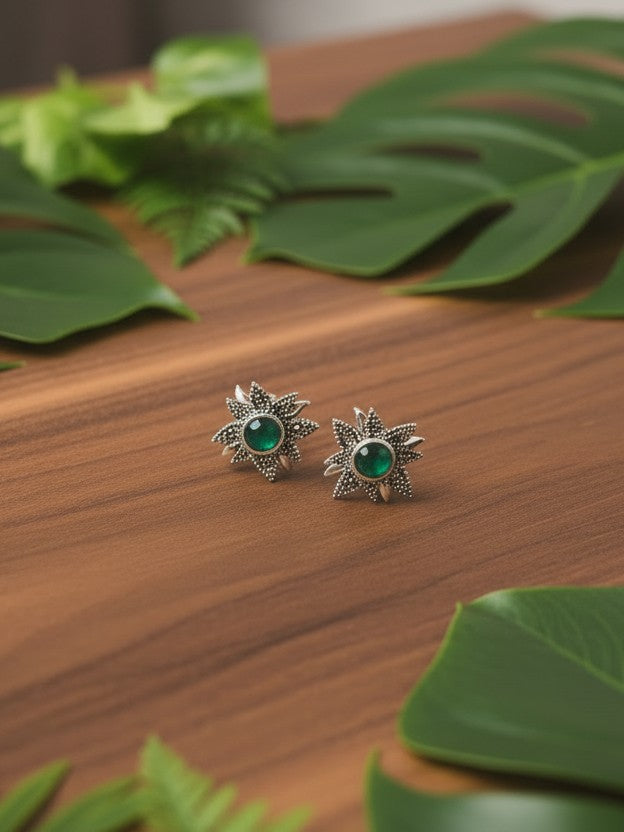 Green Aura Floral 92.5 Silver Marcasite Stud Earrings