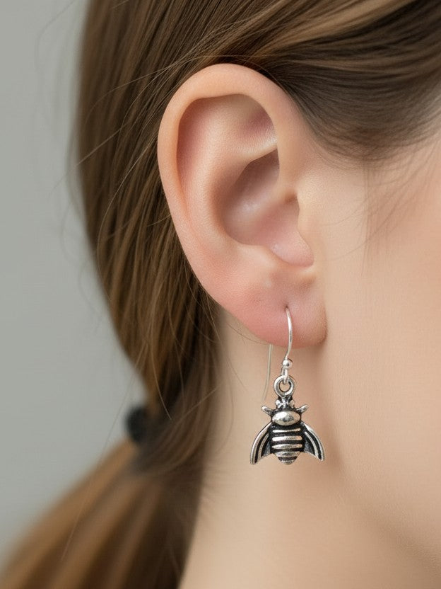 Bee Charm 925 Silver Drop Earrings - Handcrafted
