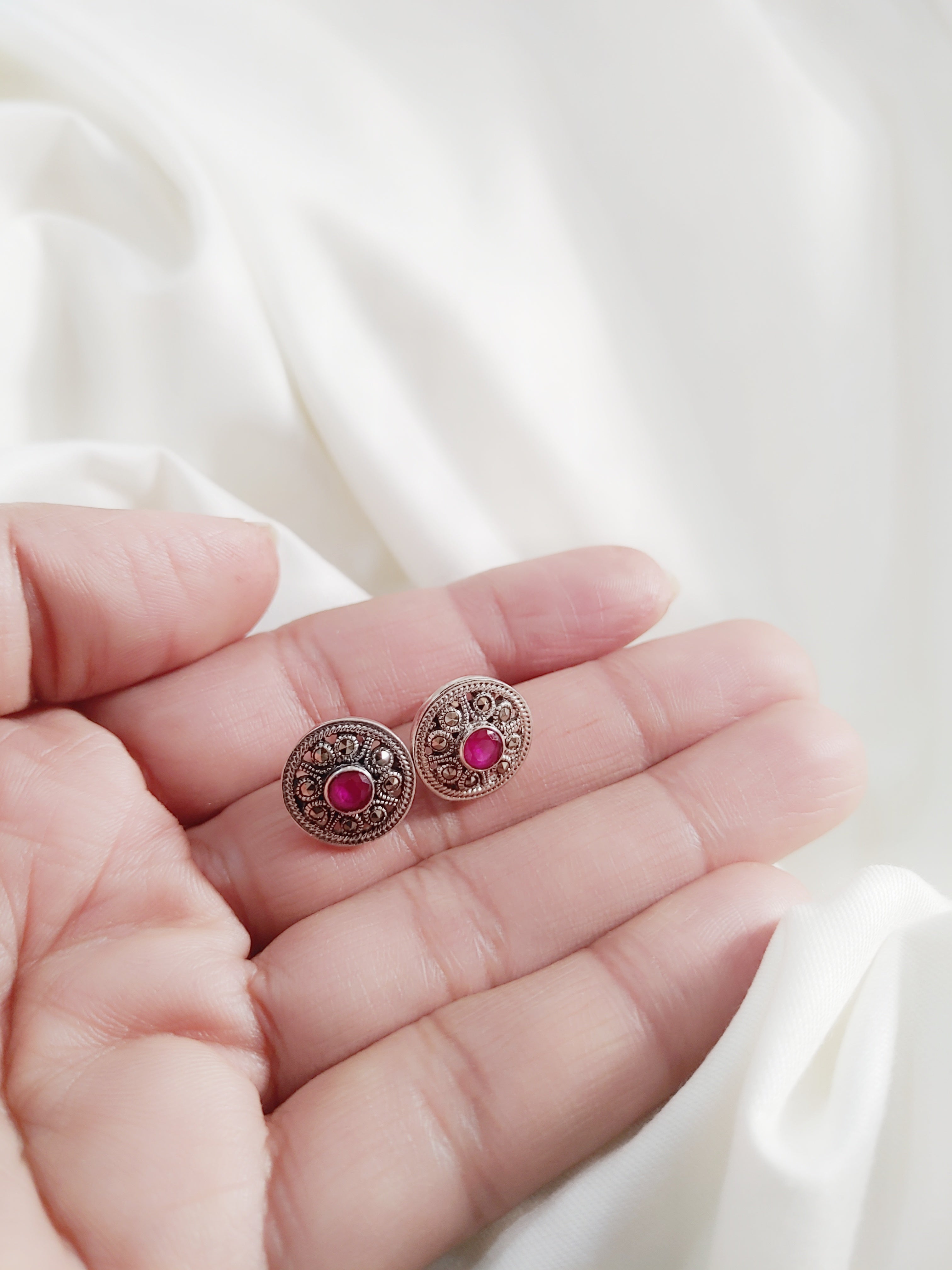 Meher Circular 92.5 Silver Marcasite Stud Earrings