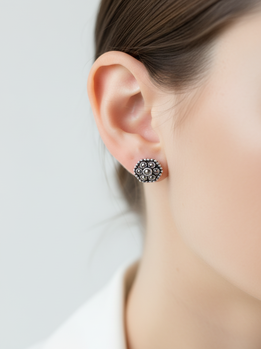 Haxagonal 925 Silver Marcasite Stud Earrings