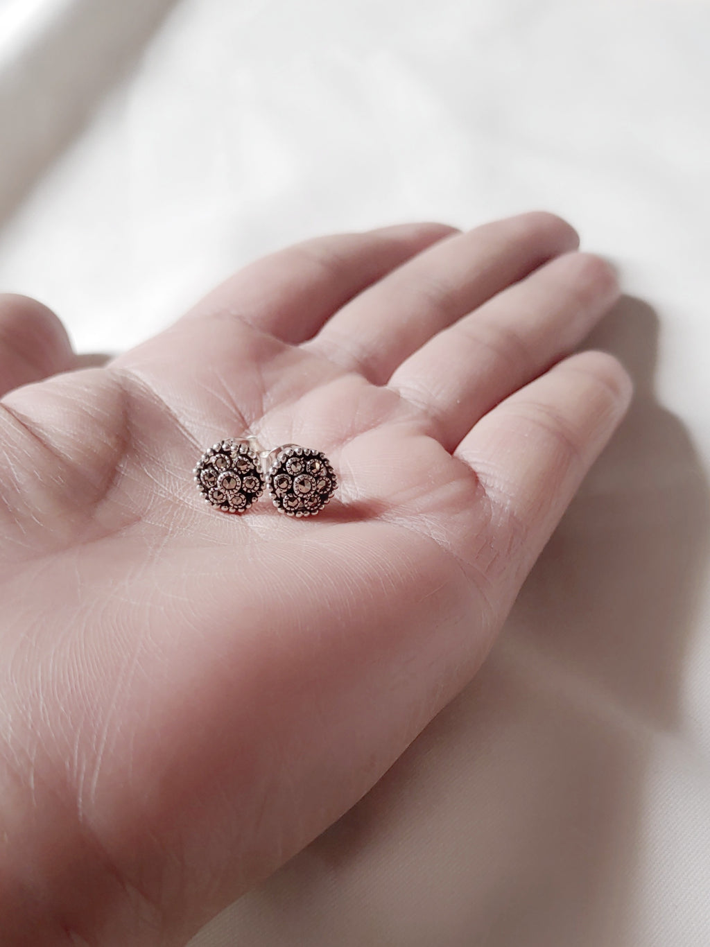 Haxagonal 925 Silver Marcasite Stud Earrings