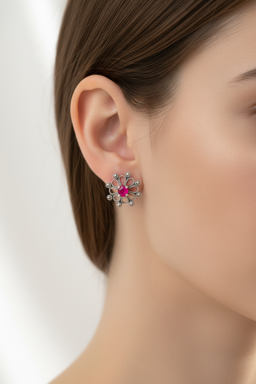 Sunburst 92.5 Silver Marcasite Stud Earrings