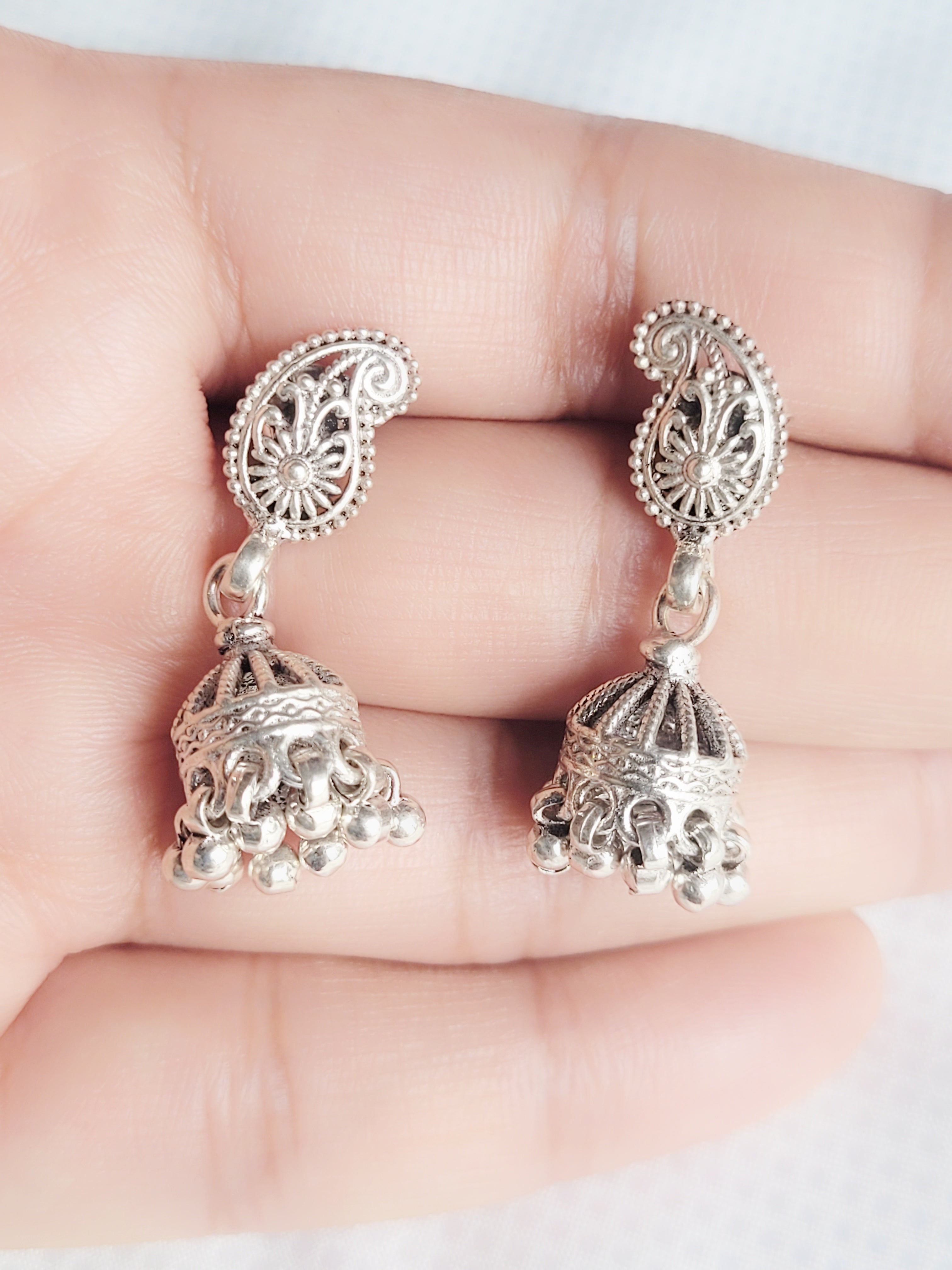 Paisley Charm Jhumkas 92.5 Silver Floral Jhumkis