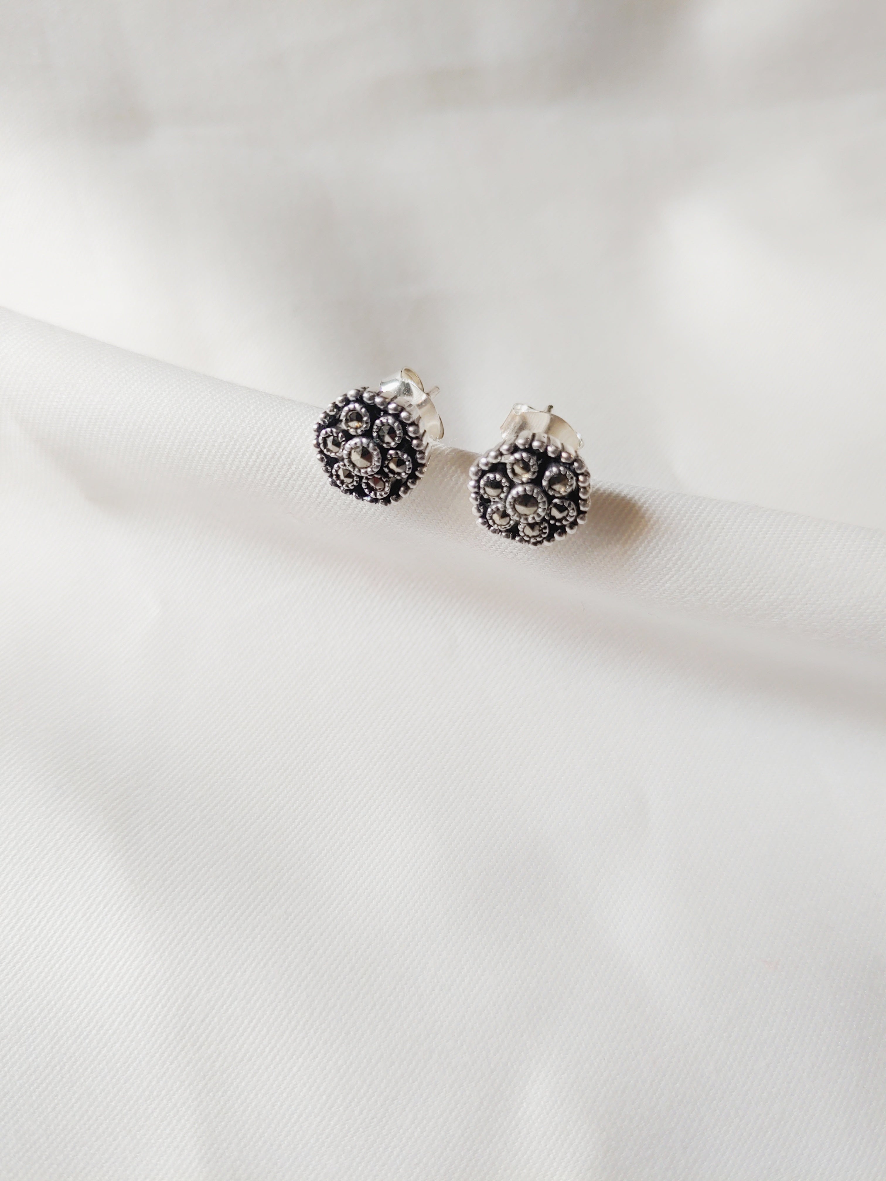 Haxagonal 925 Silver Marcasite Stud Earrings