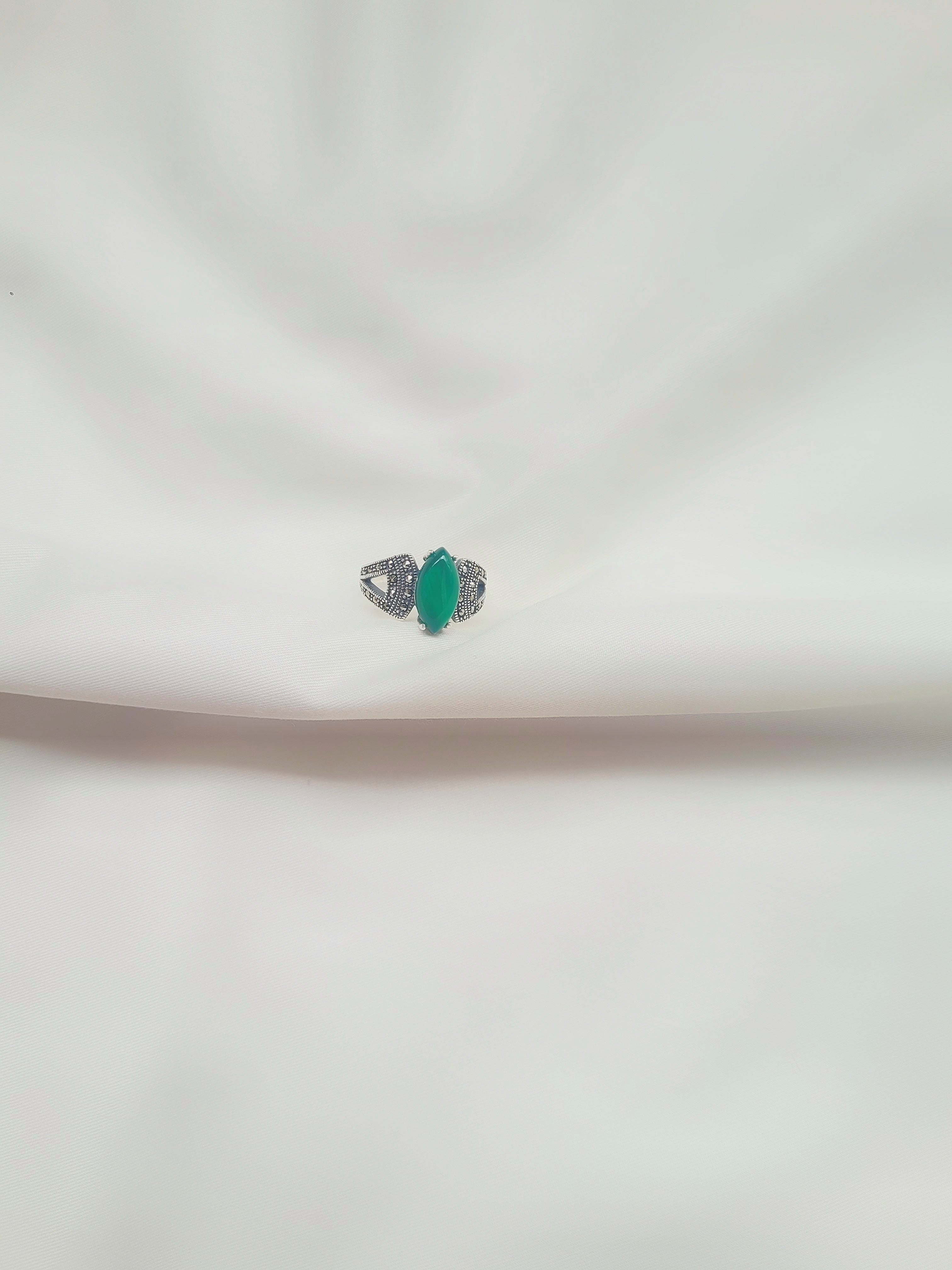 Marcasite Oval Green 92.5 Silver Ring