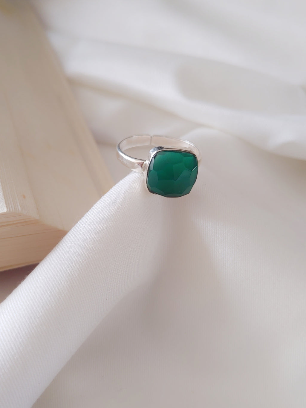 Harit Green Onyx Cushion Cut Stone 92.5 Silver Adjustable Ring