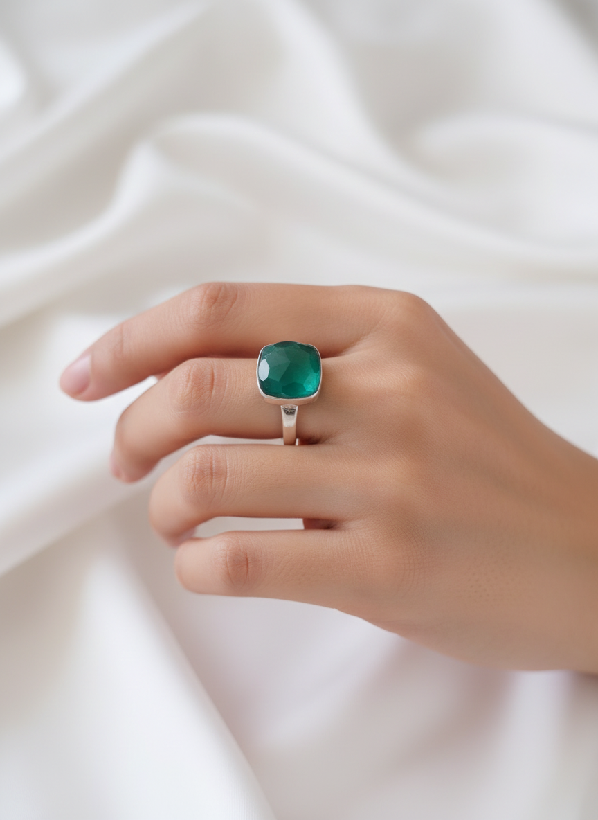 Harit Green Onyx Cushion Cut Stone 92.5 Silver Adjustable Ring