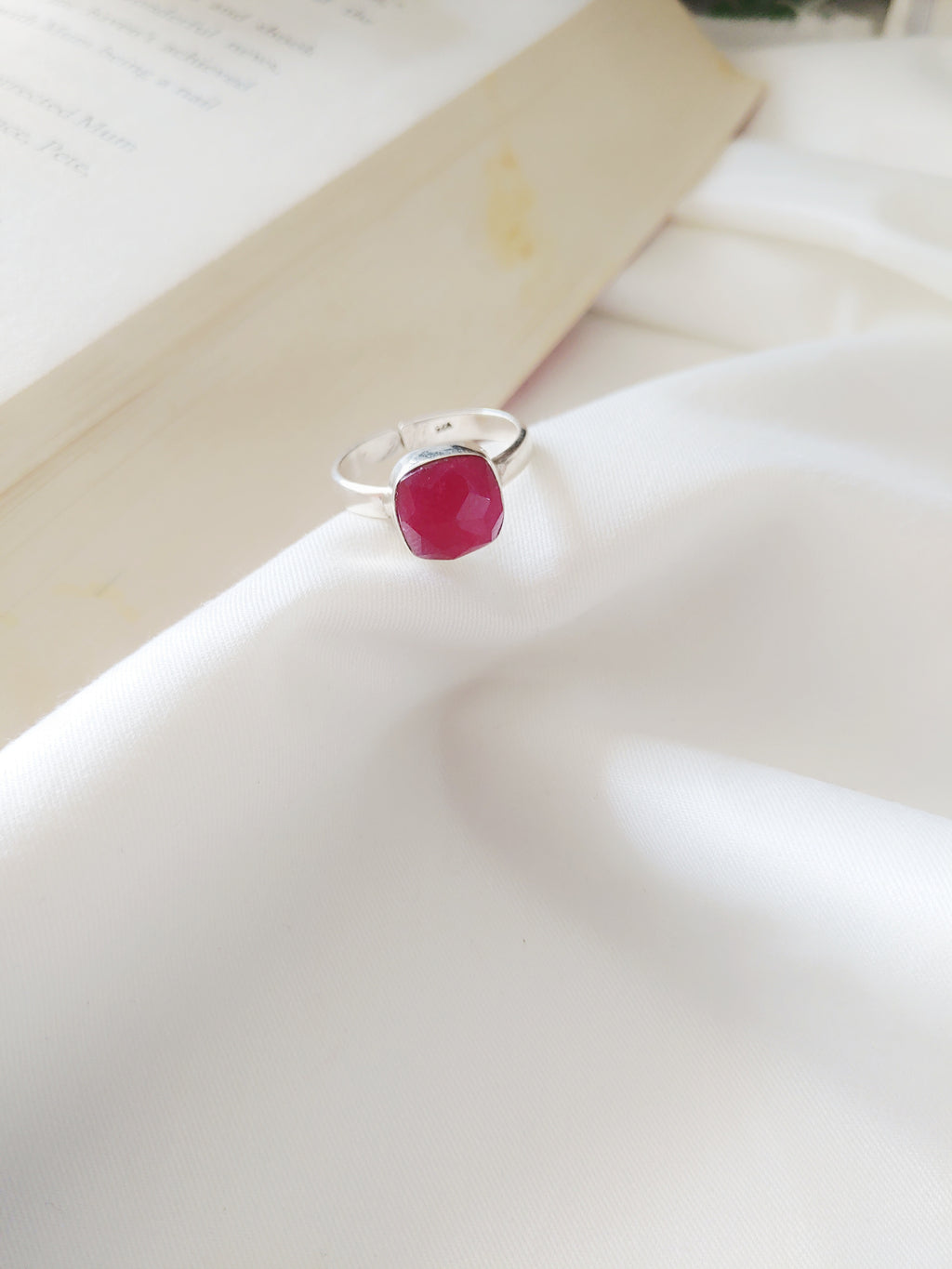 Crimson Pink Onyx Cushion Cut Stone 92.5 Silver Adjustable Ring