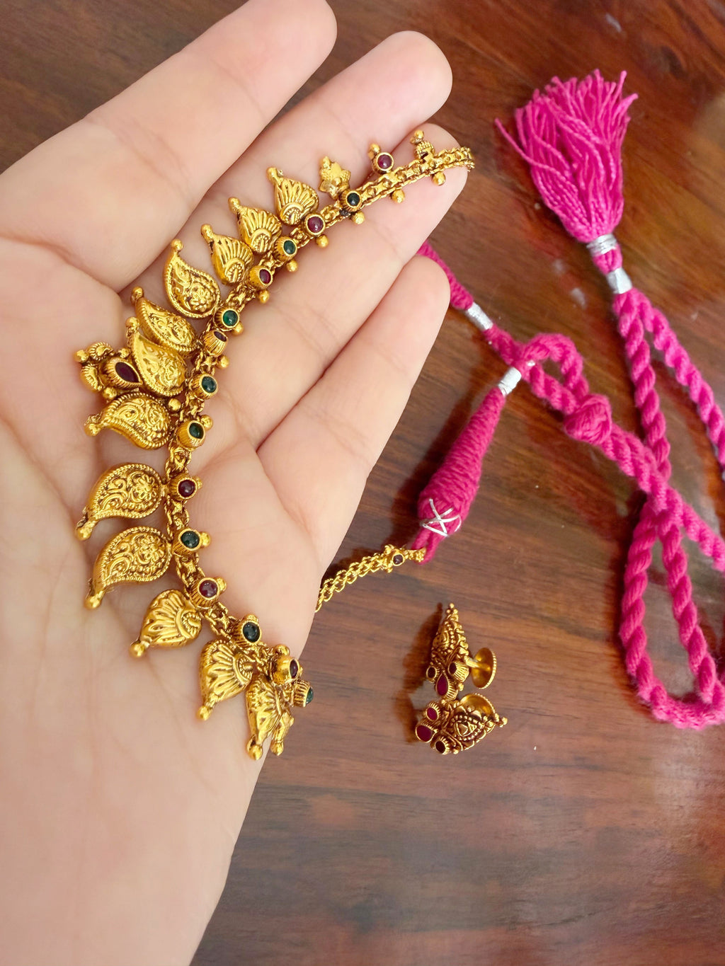 Rajsi Mayura Paisley - 925 Silver Gold Plated Temple Necklace Set