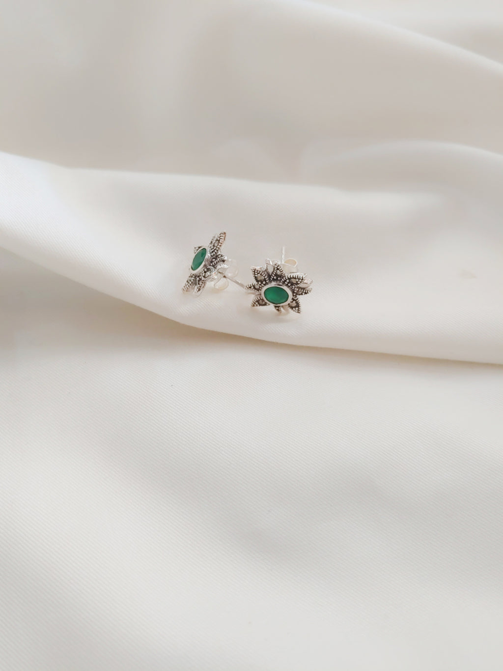 Green Aura Floral 92.5 Silver Marcasite Stud Earrings